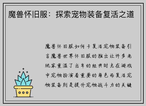 魔兽怀旧服：探索宠物装备复活之道
